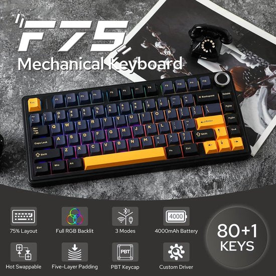 AULA F75 - Draadloze Gaming Toetsenbord - Mechanisch - Gasket - Hot Swap - QWERTY Toetsenborden - Tri mode - 80 Keys - Donder zwart