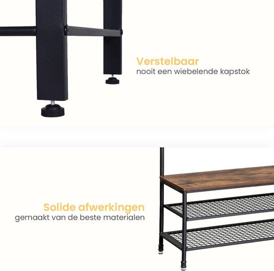 Goliving Kapstok XL – Garderoberek – Schoenenrek – Staand – Industriële kast – Metaal/Hout – 100 x 41.5 x 182 cm – Bruin/Zwart
