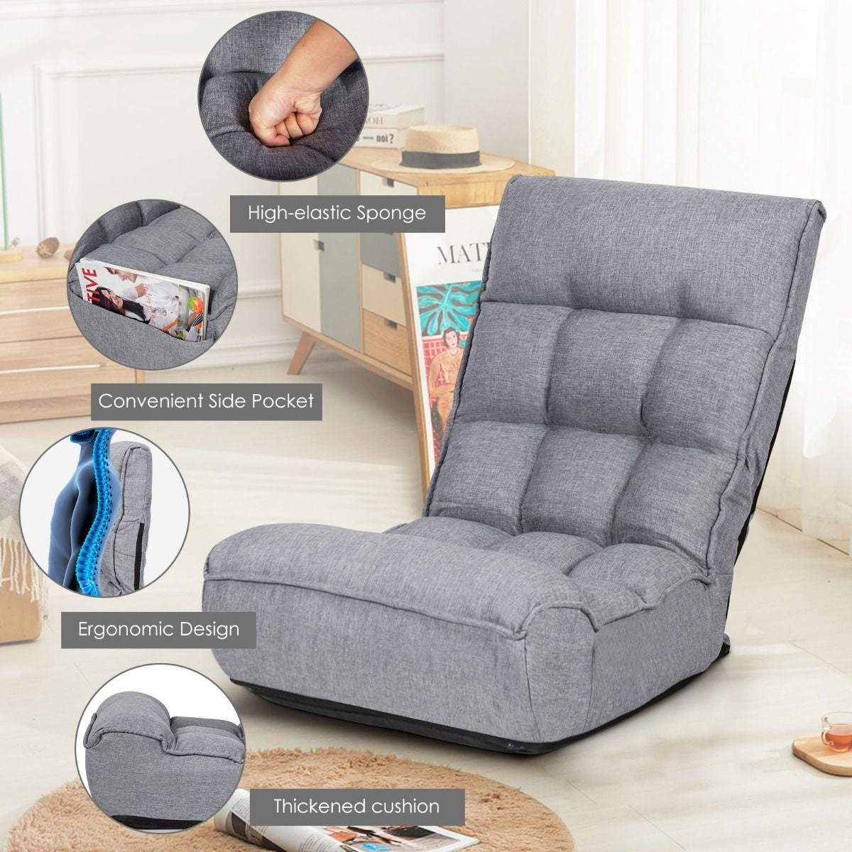 Coast Floor-Making Stoel 4-voudig verstelbare gamingvloer Sofa met rugleuning grijs
