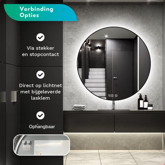 Mirlux Badkamerspiegel - LED Verlichting & Verwarming – Anti Condens - Wandspiegel Rond - Mat Zwart - 80CM