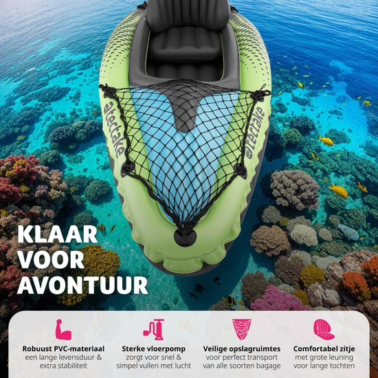 tectake® - Opblaasbare Kajak - Opblaasbare Kano voor 1 persoon met dubbele peddel en accessoires - Zitje, pomp, transporttas - Watersport - Roeiboot