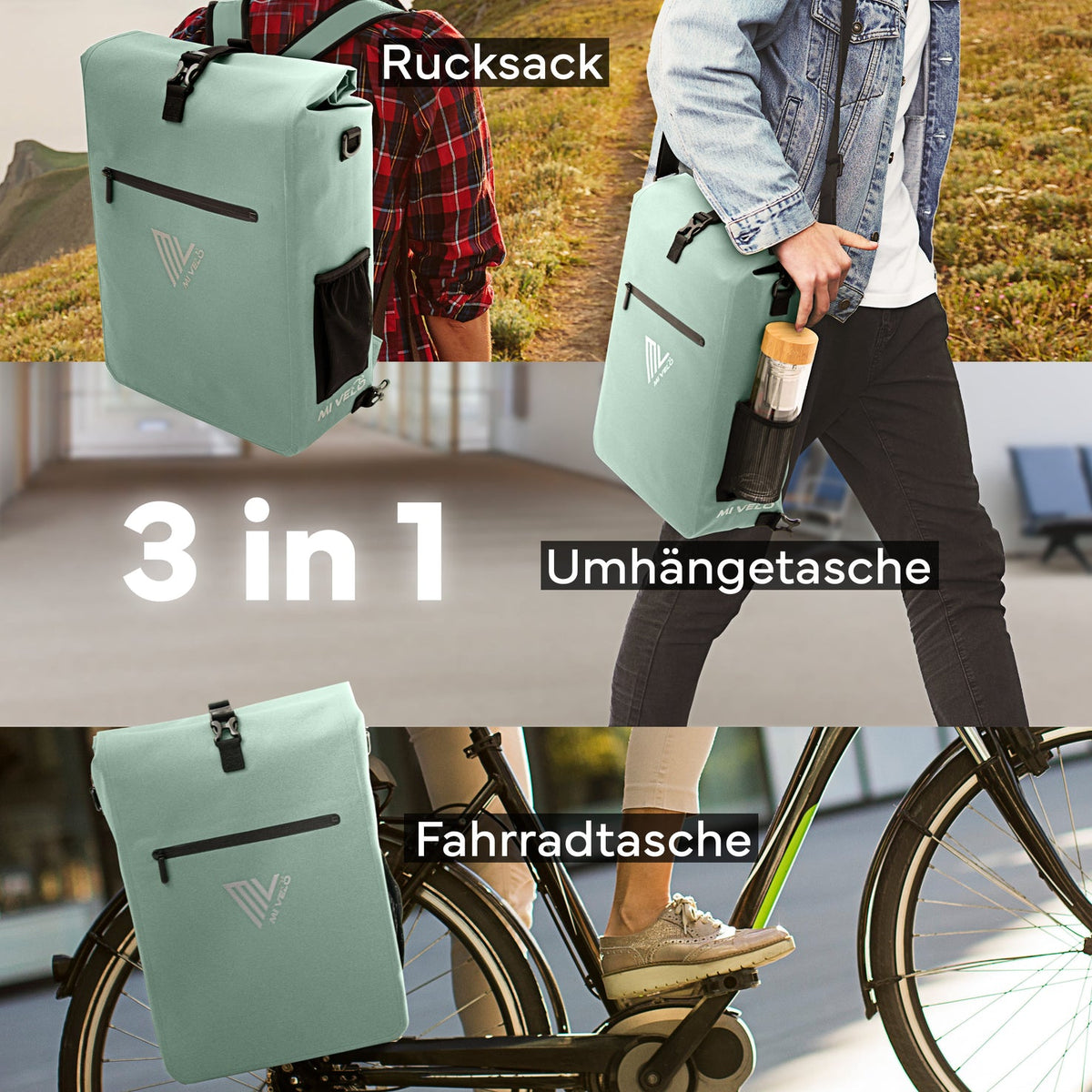 MIVELO 3-in-1 Fietstas – Waterdicht – Met Schouderriem en Rugzakfunctie – 25L – Mint