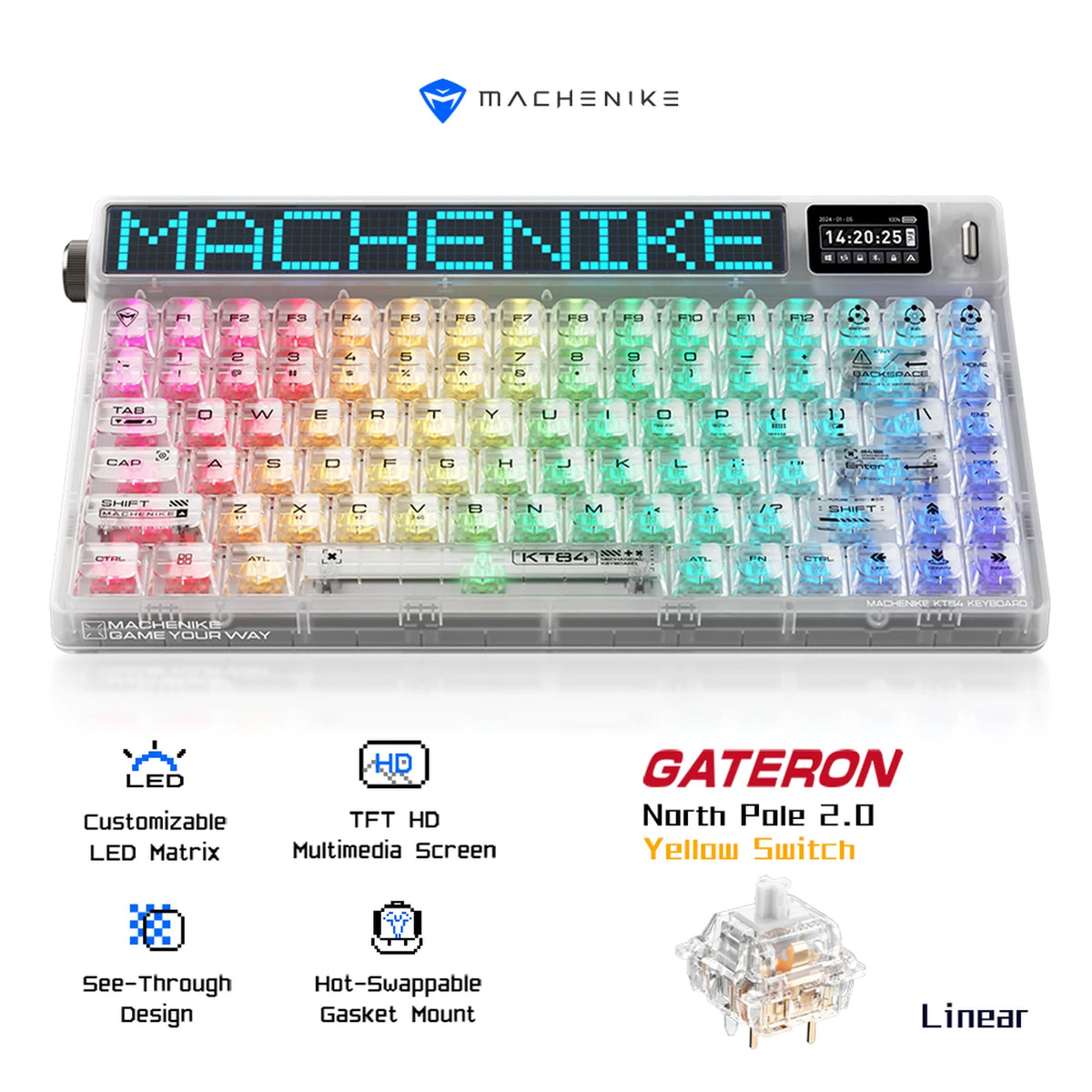 Machenike KT84-B84W 75% Mechanisch Toetsenbord - Wit - Gateron Yellow, RGB, Tri-Mode