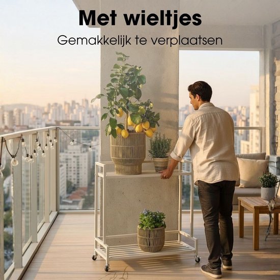 Mica Decorations Greenrax Plantenrek op Wielen - Plantenstandaard voor Kamerplanten, Buitenplanten of Tuingereedschap - Meerdere Plateaus Plantenonderzetter - 80 x 35 x 81 cm - IJzer - Off-white