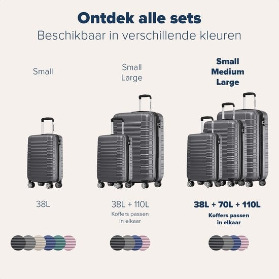 TRVLMORE Kofferset - 3 Delig - Complete Set - 38L Handbagage + 70L en 110L Ruimbagage - Donkergrijs