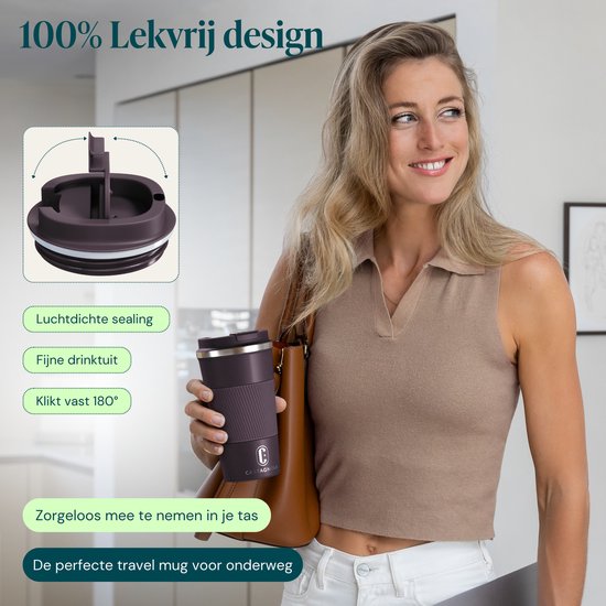 Castagnola Thermosbeker - Koffiebeker To Go - Travel Mug voor Koffie en Thee - Theebeker - 510 ML - RVS - Bruin