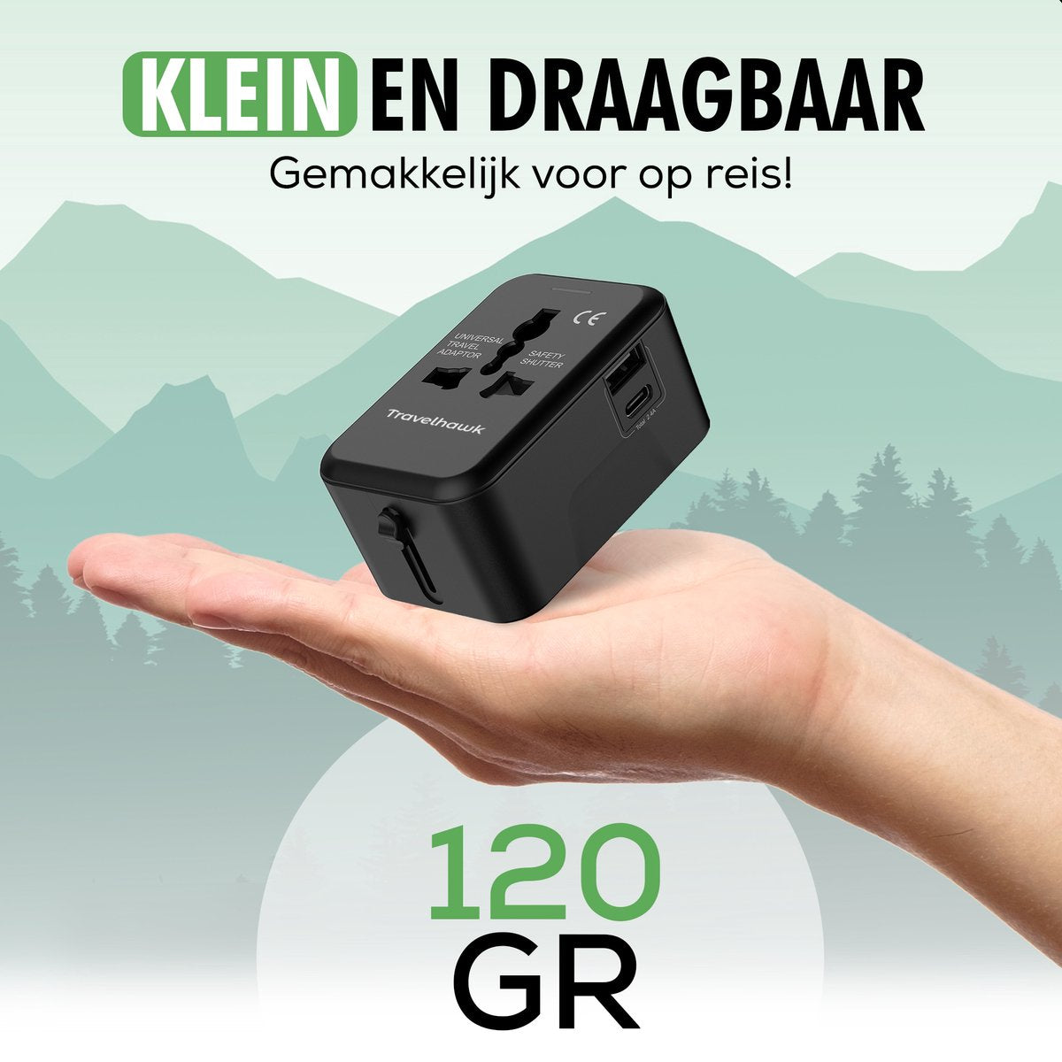 TravelHawk Universele Wereldstekker Zwart - USB-C & USB Poort - Voor 150+ Landen - Compact 7,5 x 5 x 3,5 cm