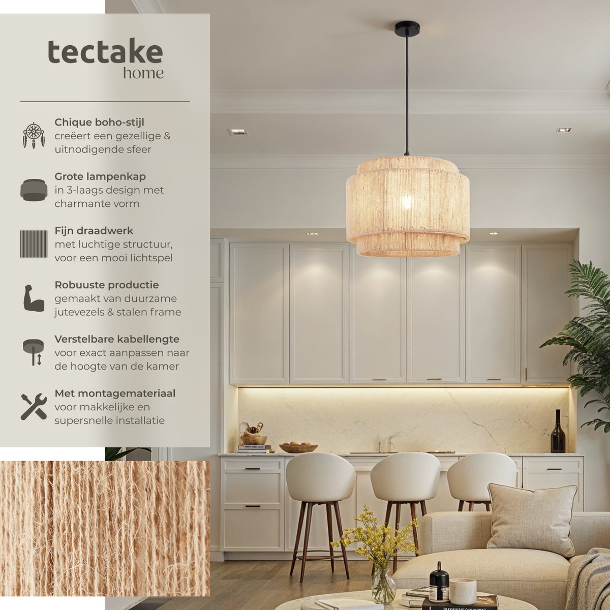 tectake® Plafondlamp Lignea Lux - Boho Hanglamp - Jute Natuur - Ø46 x 32 cm - 40W