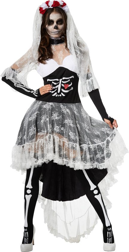 Dressforfun Griezelige skeletbruid L - verkleedkleding kostuum halloween verkleden feestkleding carnavalskleding carnaval feestkledij partykleding - 302007