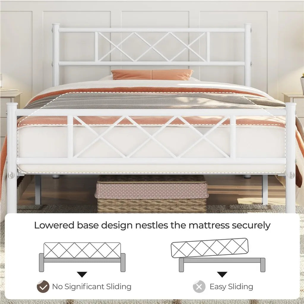Yaheetech Bedframe 90 × 200 cm – Wit Metaal – Eenpersoonsbed met X-Design Hoofdbord, Lattenbodem en 32 cm Opbergruimte