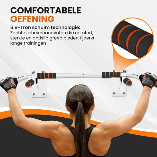 TTD® Premium Pull Up Bar - Pull Up Station - Optrekstang Wandmontage - Dip Station - Dip Bars - Thuis Sporten - Thuis Fitness - Premium materialen - Extra stevige montage onderdelen - Home workout - Wit/Oranje