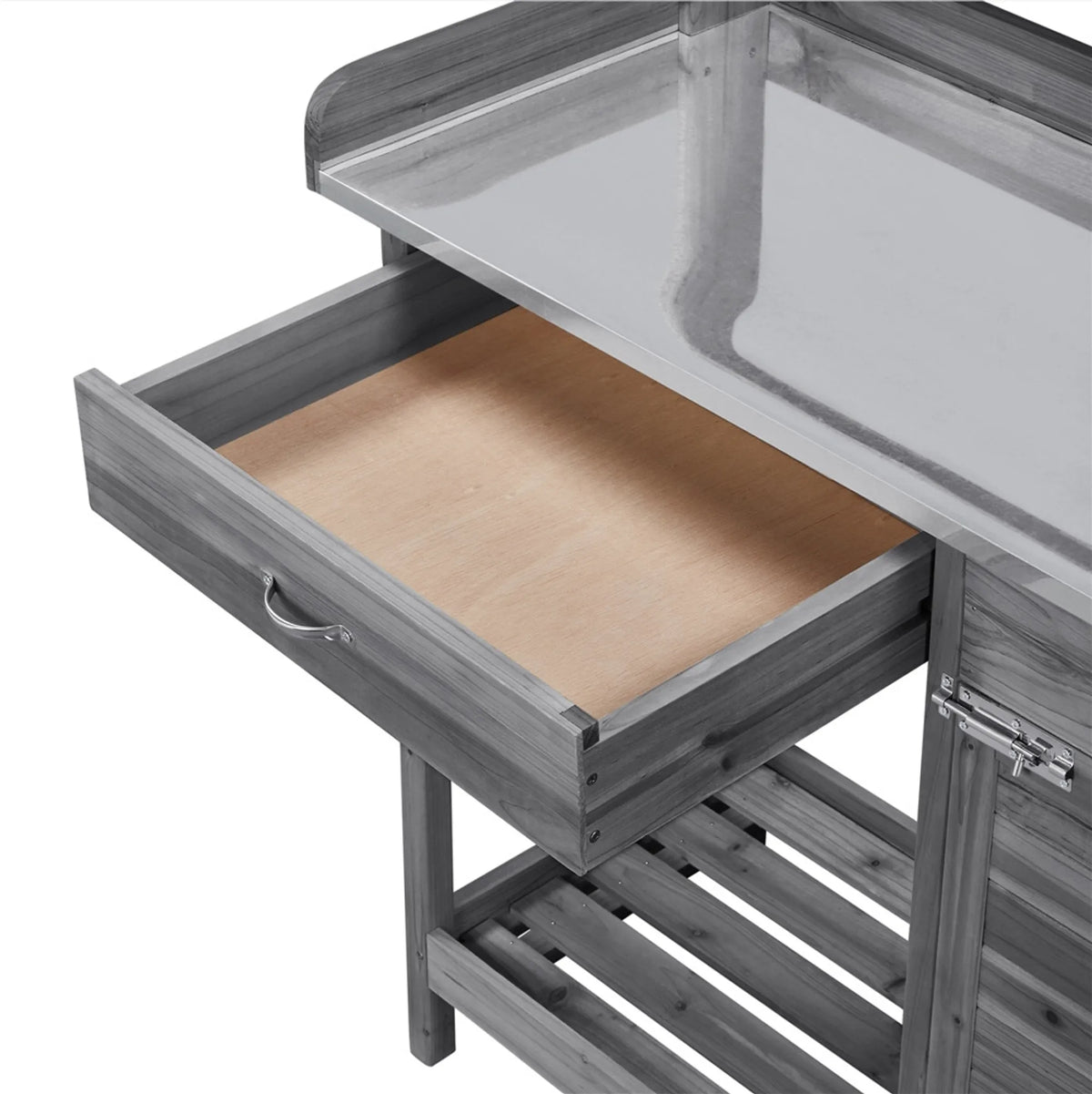 Yaheetech Oppottafel Tuintafel – 101 x 46,5 x 125 cm – Gegalvaniseerd Metalen Werkblad - 3 Zijhaken - Verwijderbare Zijpanelen – Grijs Vurenhout - Metaal