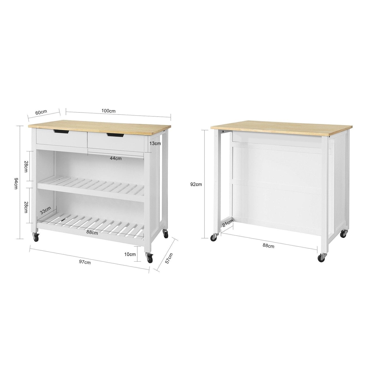 SoBuy - Kookeiland Op Wielen - 100 x 60 x 94 cm - Wit & Hout Composiet - Mobiele Keukentrolley Met Opbergkast - Voor Keuken & Voorraad