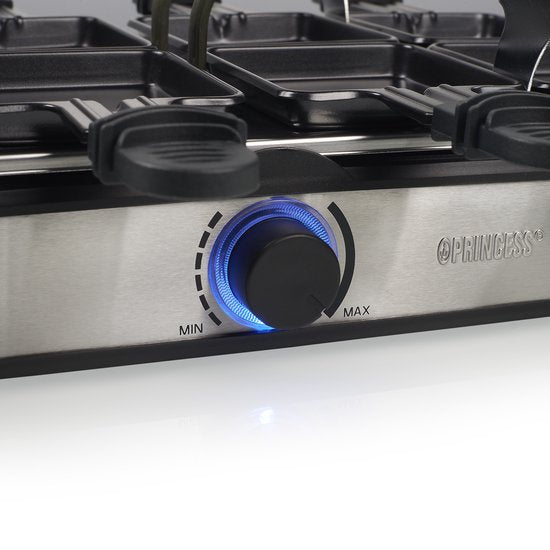 Princess Gourmetstel 162645 - Raclette 8 Personen - Regelbare thermostaat - 1400W - 2 meter snoer - Omkeerbare Bakplaat - 8 pannetjes - RVS