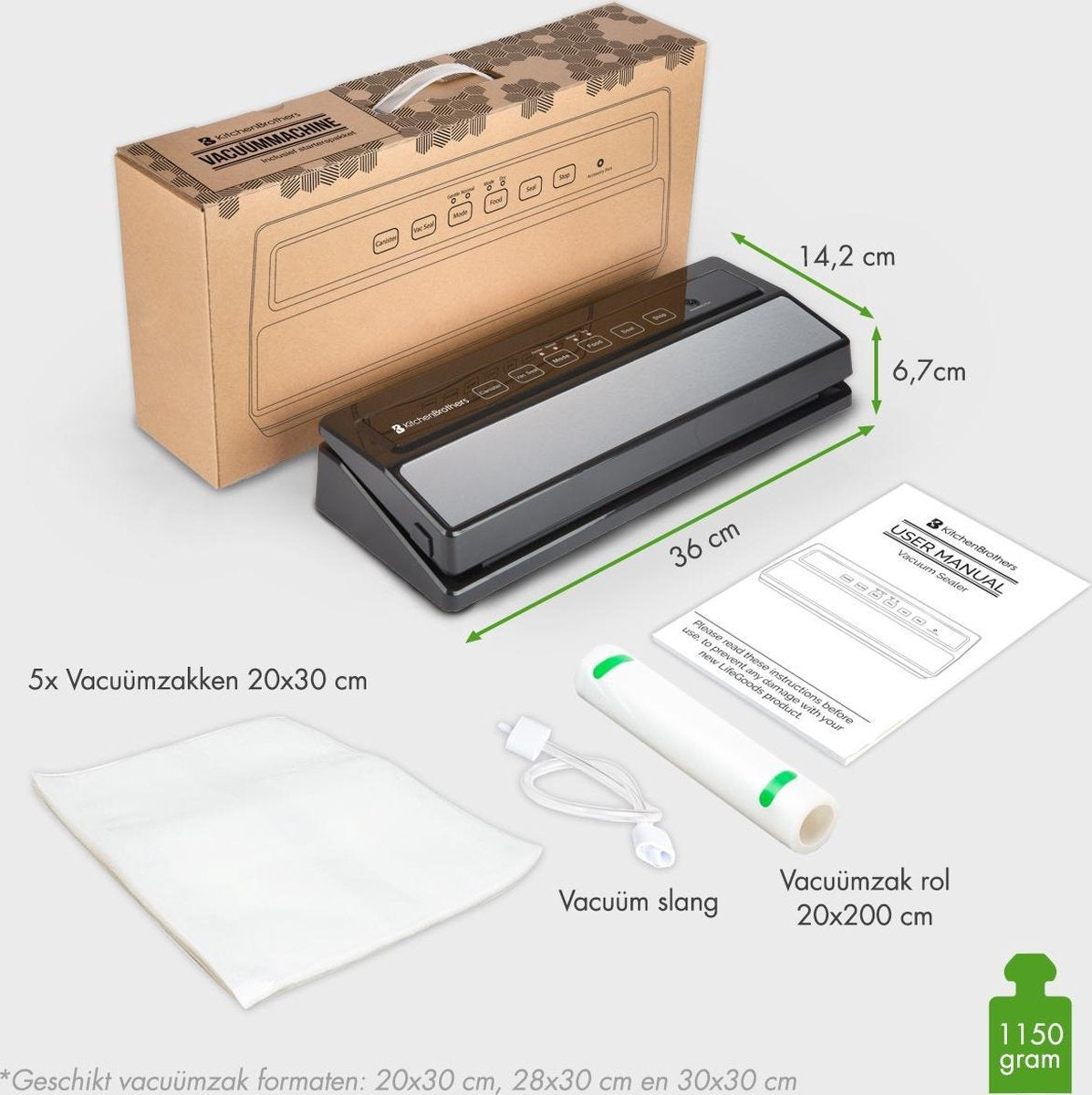 KitchenBrothers Vacumeermachine - Vacuüm Sealer - 4 Standen - Incl. Folierol, Vacumeerzakken en Vacuumslang