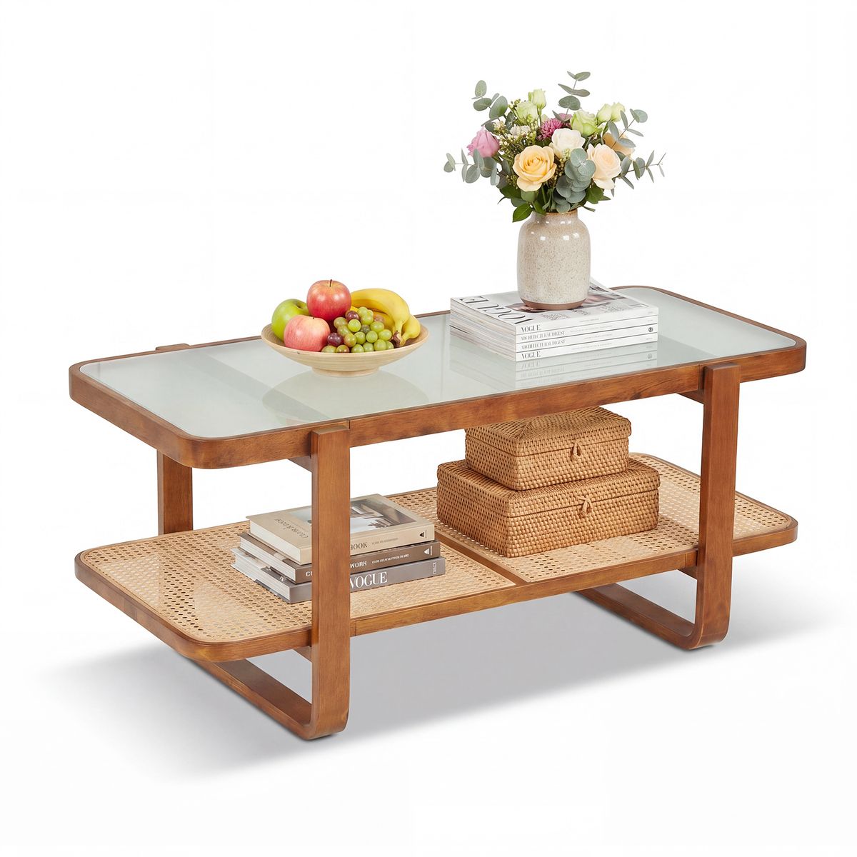 Coast Salontafel - dubbel-laags ontwerp - veiligheidsglas en riet - walnoot - 105 x 50,5 x 45 cm