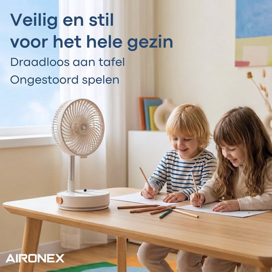 Aironex Opvouwbare Draagbare Ventilator – Stille Tafelventilator & Staande Ventilator – USB Oplaadbaar en Draadloos met LED-licht – Compacte Mini Ventilator voor Bureau, Slaapkamer, Thuis, Kantoor & Camping - Ventilatoren