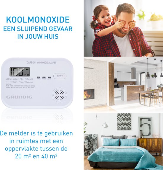 Grundig CO Melder - Koolmonoxidemelder 10 Jaar Batterij - Co Meter met LCD Scherm, Laag Batterij Niveau Alarm en Sensorfout Alarm - Co2 Melder 85dB Alarm - Wandmontage - Wit