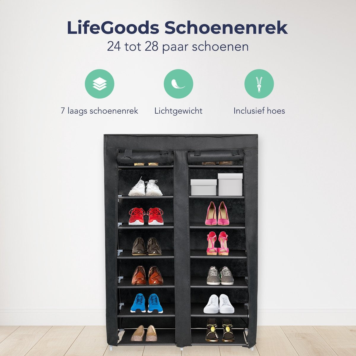LifeGoods Schoenenrek - 7 Laags - Opbergsysteem 28 Paar schoenen - Schoenenkast - Afsluitbaar - Zwart