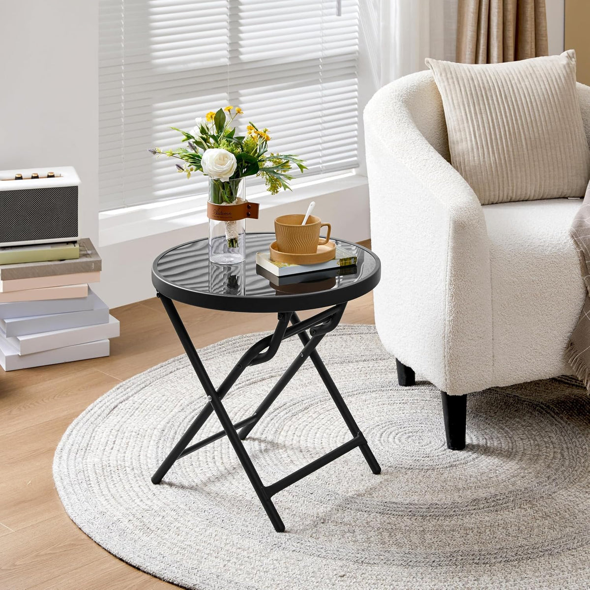Yaheetech Ronde klaptafel Ø 46 cm – zwart glas en metaal, weerbestendig