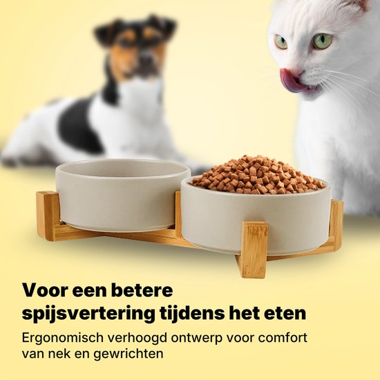 Jake and Jacky Voerbak Kat en Hond Keramiek - Voerbakken Dubbel met Standaard - Drinkbak - 2x 400 mL - Grijs