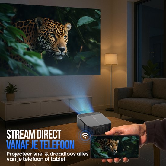 Strex Smart Beamer WiFi - Mini Beamer met Apps (WhaleOS) - 1080P Full HD Projector - 4K Ondersteuning - Bluetooth en Ingebouwde Speakers - Inclusief Opbergtas & Projectiescherm