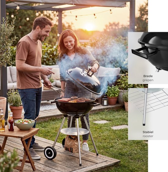 tectake® Houtskool Barbecue - Kogel BBQ - Ø 41,5 cm Grillplaat - Grill met 2 Wielen - Smoker met Deksel - Rond - Zwart - Metaal
