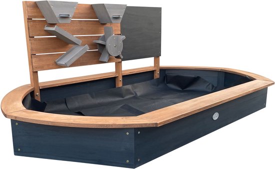 AXI Joey Zandbak 158 x 91 x 57 cm Bruin/antraciet – Met Speelwand en Krijtbord – Ovale Zandbak - Met Hoes en Grondzeil – FSC 100% Hemlock Hout