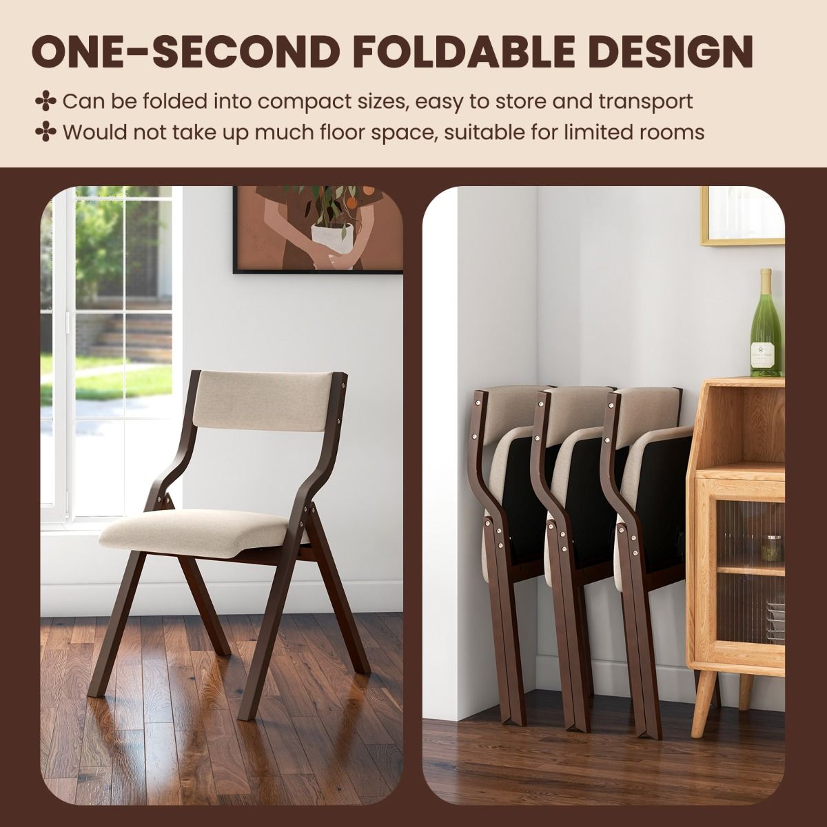 Coast Eetkamerstoelen Set van 2 - Opvouwbaar - Massief Houten Frame - Koffie en Beige