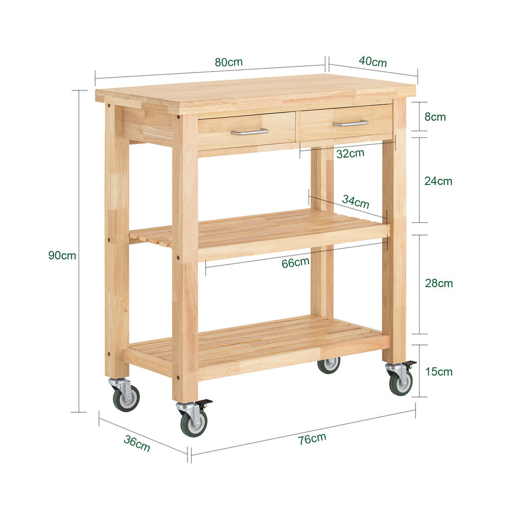SoBuy Keukenwagen met 2 lades en 2 opbergplanken - 80 x 90 x 40 cm - Houtkleur