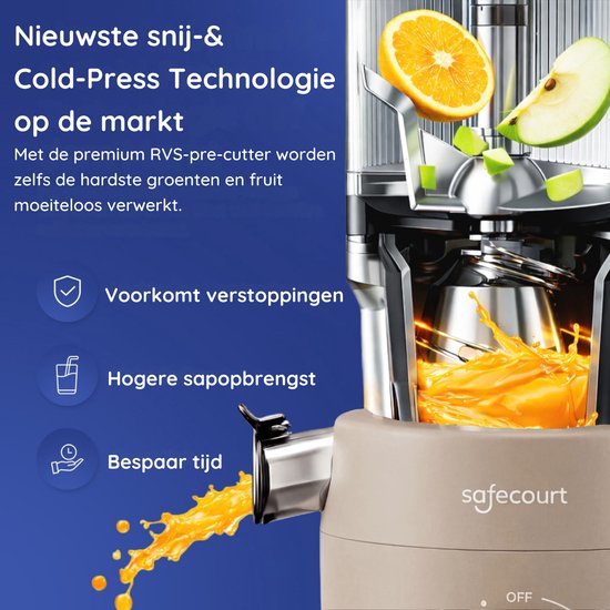Safecourt Kitchen Slow Juicer - krachtige motor [Pre-cutter & Cold-press technologie] - eenvoudige reiniging - BPA-vrij - sapcentrifuge Beige