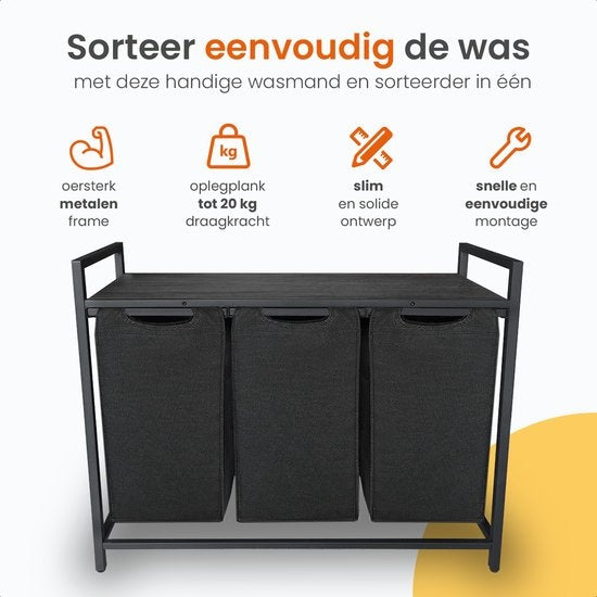 Goliving Wassorteerder – Wasmand met 3 vakken – Wasbox – Oxfort textiel/Metaal/Hout – 3 x 38 Liter – 25 x 92.5 x 71 cm – Zwart