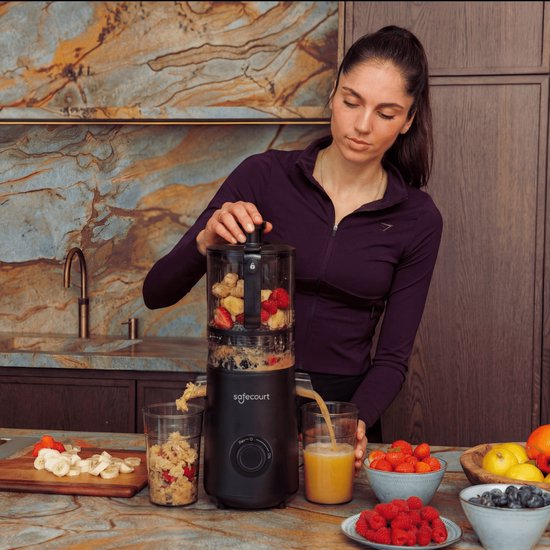 Safecourt Kitchen Slow Juicer XXL - krachtige motor [Pre-cutter & Cold-press technologie] - eenvoudige reiniging - BPA-vrij - sapcentrifuge Zwart