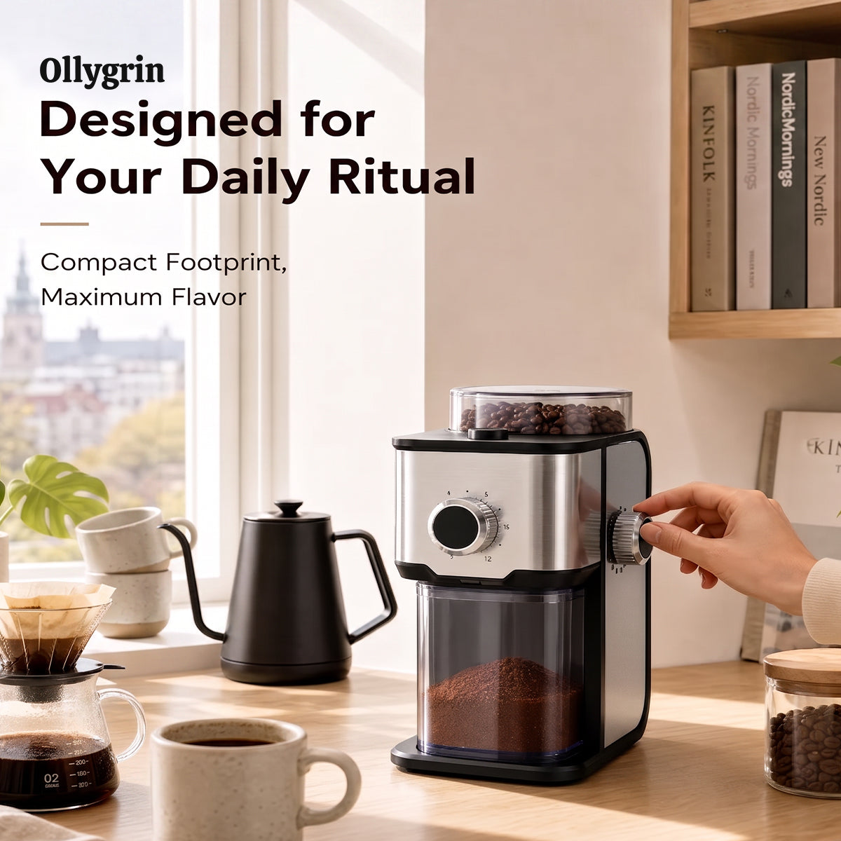 Ollygrin BG705 elektrische koffiemolen met vlakke maalwalsen - verstelbare koffiemolen voor thuisgebruik