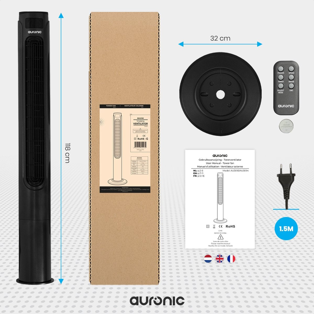 Auronic Torenventilator - Staande Ventilator met Afstandbediening - Timer - 55W - 45dB - 118cm - Zwart