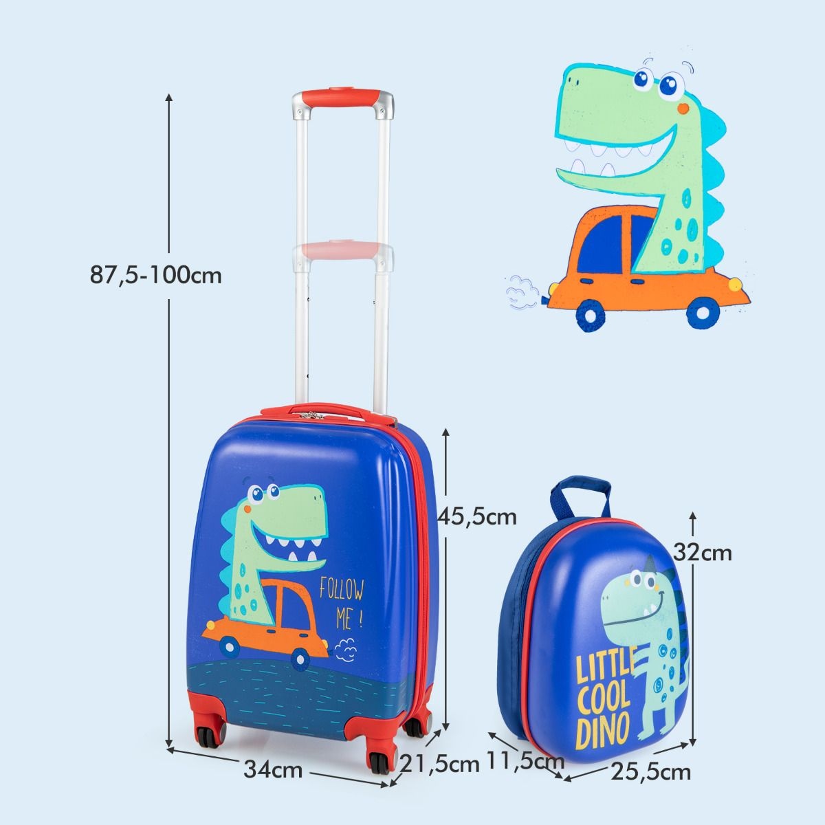 Coast 2-Delige Kinderkofferset - Trolley en Rugzak - Blauw/dinosaurus