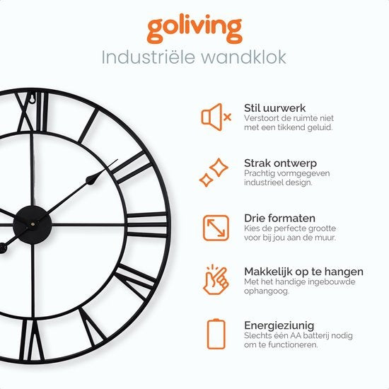 Goliving Wandklok Industrieel – Stil uurwerk – Moderne wandklok – Metaal – Ø 70cm – Zwart