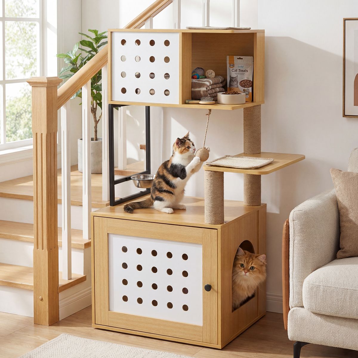 Coast Krabpaal met kattenbakmeubel - kattenboom met meerdere verdiepingen - naturel - 117,5 cm