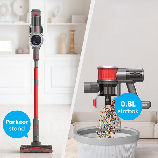 Auronic Steelstofzuiger - Draadloos - Zelfstaande Stofzuiger - Zonder Zak - 350W - Vacuum Cleaner - Grijs/Rood