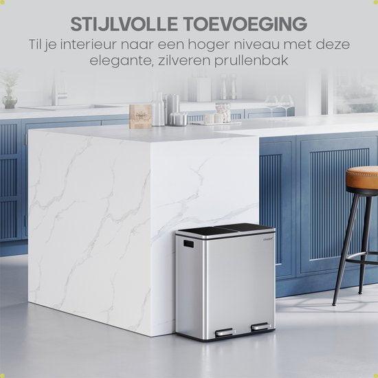 O'DADDY® Prullenbak - Afvalemmer – Duo Bin – 60 Liter – Soft-close – 58,6 x 32 x 65 cm – 2 Binnenemmers / Vakken - Afvalbak - Pedaalemmer 60L - Prullenmand - Vuilnisbak - Afvalscheiding Vuilbak – Inclusief 15 Afvalzakken – Elegant Zilver