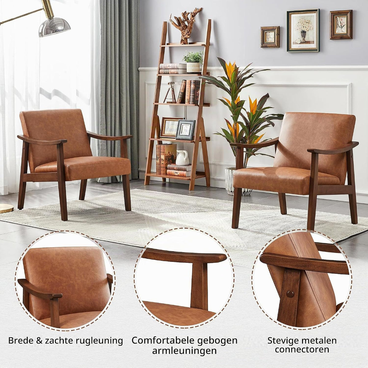 Yaheetech Retro loungestoel 62 × 70 × 74 cm – lichtbruin, rubberhouten armleuningen, draagvermogen 136 kg