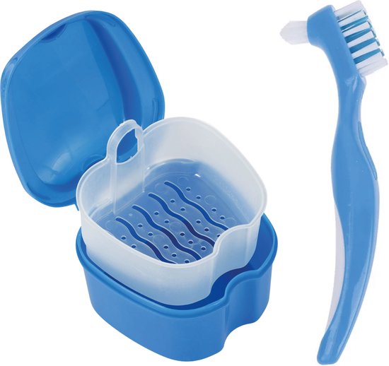 Alyze Gebitsbakje + borstel - Blauw - Voor prothese - Beugel - Kunstgebit - Bakje - Gebittenbakje