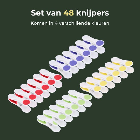 Gandria Wasknijpers 48 Stuks - Kunststof Wasknijpers - Set van 48 Plastic Knijpers - Wasrek Knijpers 10 Kg - 4 Kleuren