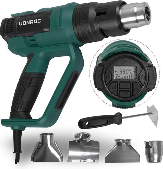 VONROC PRO Heteluchtpistool – 2000W – LCD-display – 650°C – 500L/min – Incl. accessoires