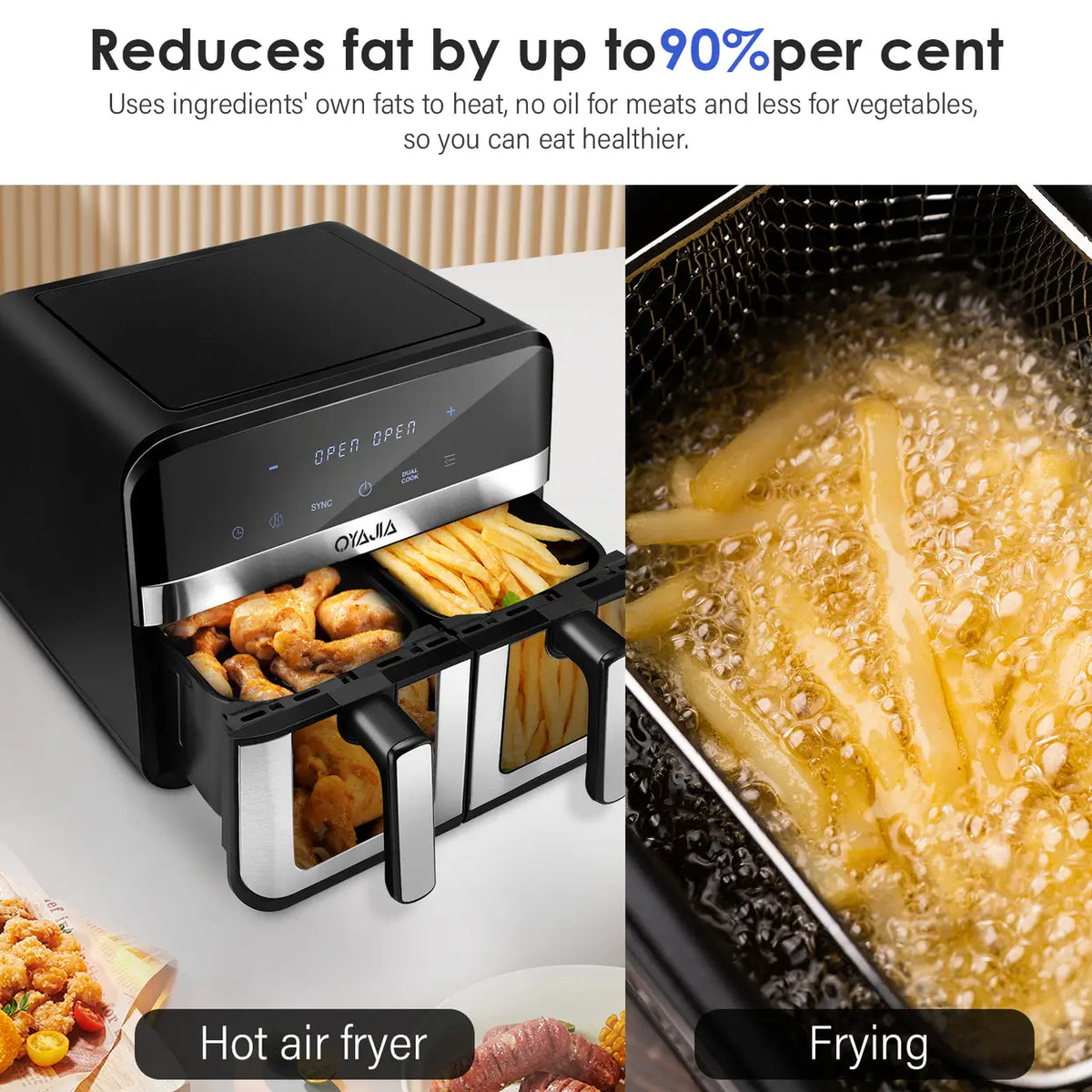 Oyajia Dual-Zone Airfryer met Onafhankelijke Temperatuurregeling - Digitaal Touchscreen - 4.5 L - Zwart
