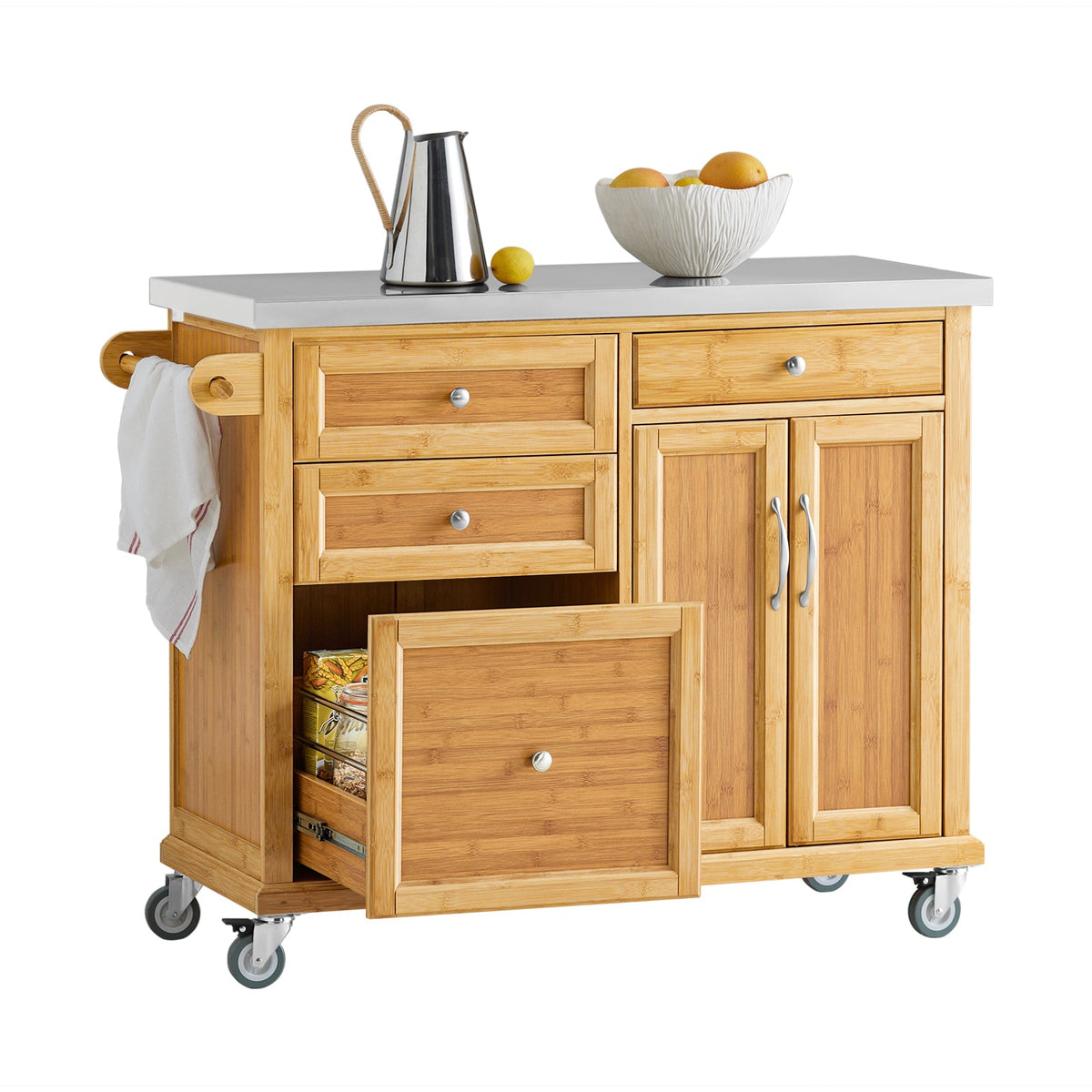 SoBuy Mobiel Keukeneiland van Bamboe met RVS Werkblad – 4 Lades & Kast – 115 cm