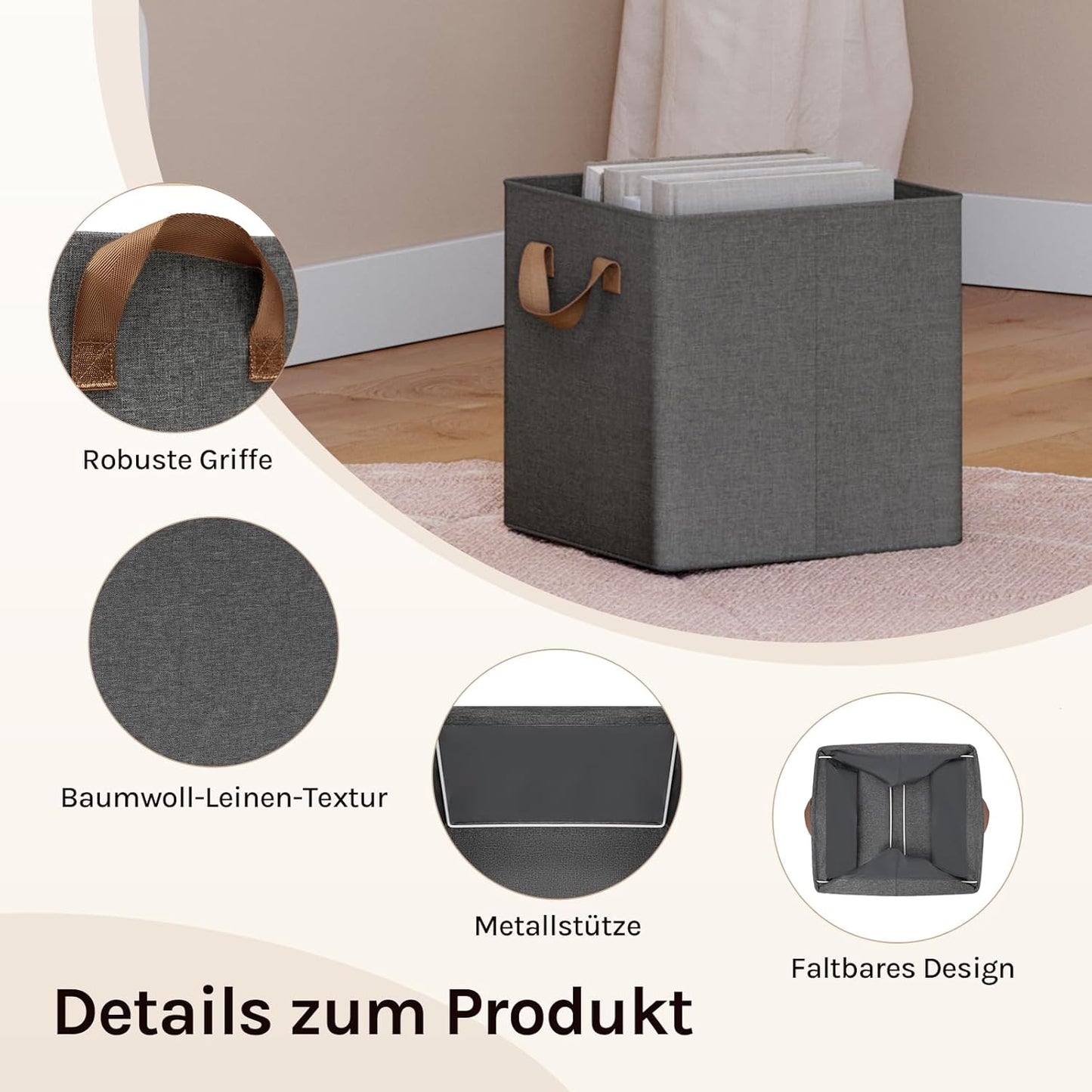 WOLTU opvouwbare opbergdozen set 5 stuks - stoffen opbergkubussen met handgrepen en metalen frame - grijs 32 x 32 x 31 cm