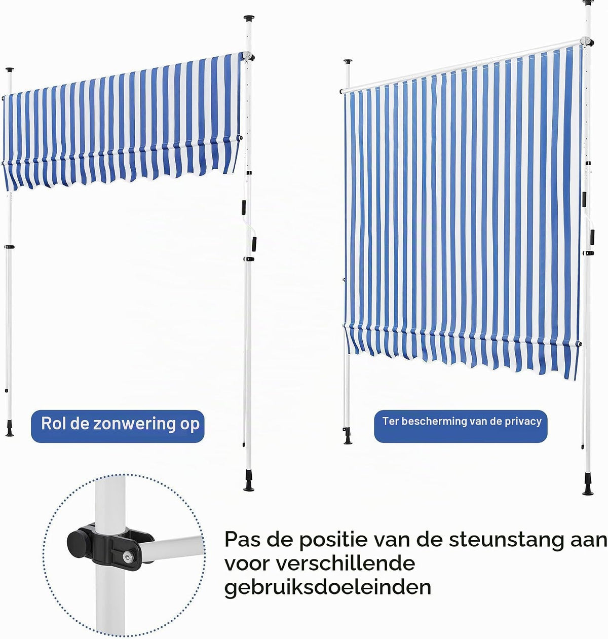 Yaheetech Balkonmarkise - Klemmmarkise met Handkurbel 250 cm - Höhenverstellbar - Blauw-Wit