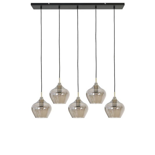 Light & Living Hanglamp RAKEL – 5 Lichten – Glas Ø20 cm – Rechthoekig – Antiek Brons + Smoke – Elegante Vintage Stijl
