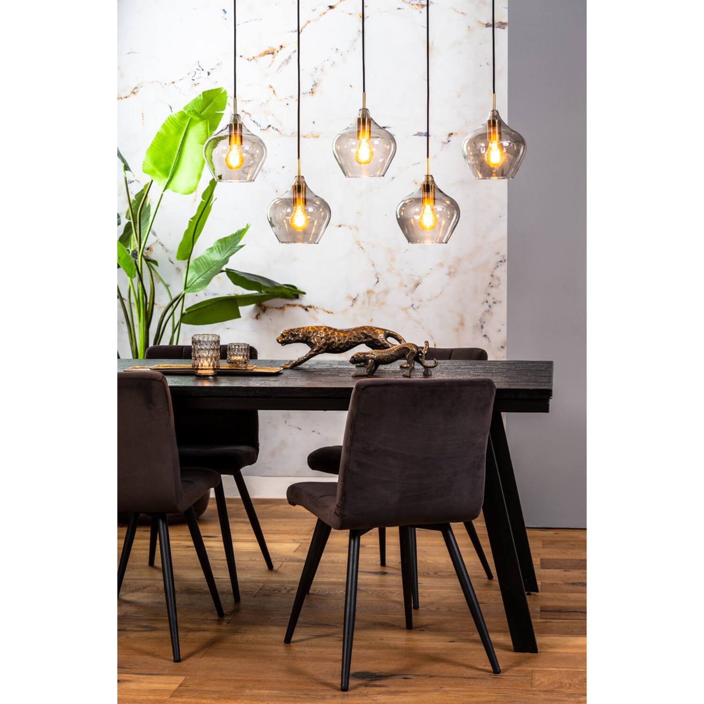 Light & Living Hanglamp RAKEL – 5 Lichten – Glas Ø20 cm – Rechthoekig – Antiek Brons + Smoke – Elegante Vintage Stijl